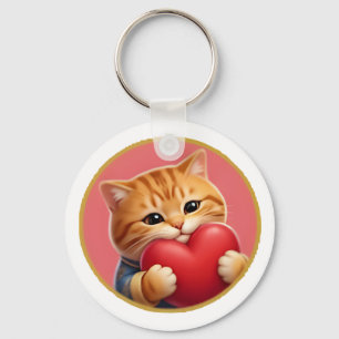Schattige Oranje Kat Knuffelt met een Rode Hart- A Sleutelhanger