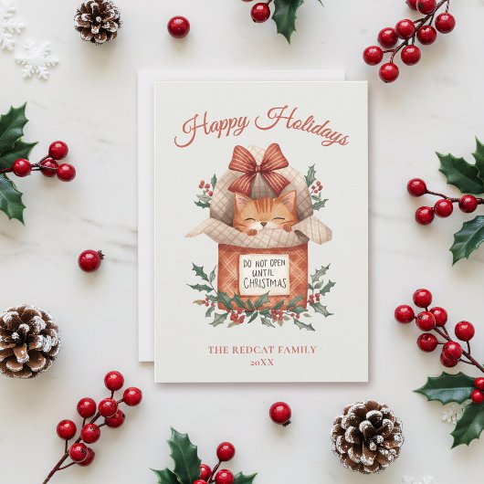 Schattige Oranje Kat Niet Openen Tot Kerstmis Feestdagenkaart