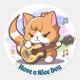 Schattige Oranje Kat Speelt Gitaar Ronde Sticker