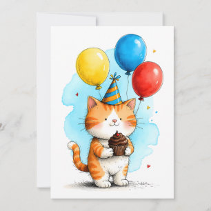 Schattige Oranje Kat, Taartje Kind Verjaardag Plat Kaart