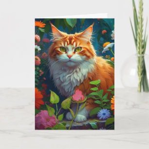 Schattige oranje kat tussen bloemen die aan jou de kaart