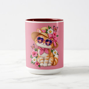 Schattige Oranje Kat Zomer Bloem Vlinder Ontwerp Tweekleurige Koffiemok
