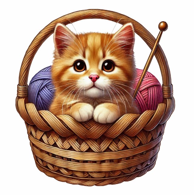 Schattige Oranje kitten in mand met garen Staand Fotobeeldje (Voorkant)