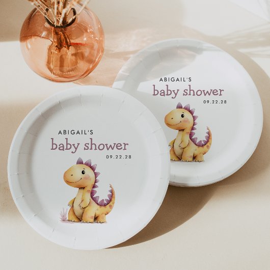 Schattige Oranje Paarse Dinosaurus Baby shower Papieren Bordje