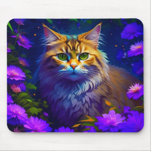 Schattige oranje poes kat tussen bloemen muismat