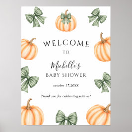 Schattige Oranje Pompoen Groene Strik Baby Shower Poster