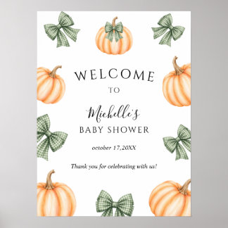 Schattige Oranje Pompoen Groene Strik Baby Shower Poster