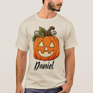 Schattige Oranje Pompoen Monogram Naam Halloween T T-shirt