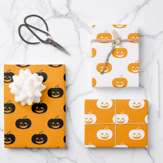 Schattige Oranje Pompoenen Halloween Patroon Inpakpapier Vel (Voorkant)