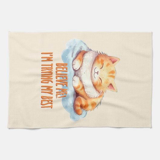 Schattige Oranje Tabby Cat- Ik probeer mijn best Theedoek (Horizontaal)