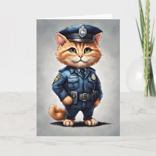 Schattige oranje tabby kat in politie-uniform wate kaart (Voorkant)
