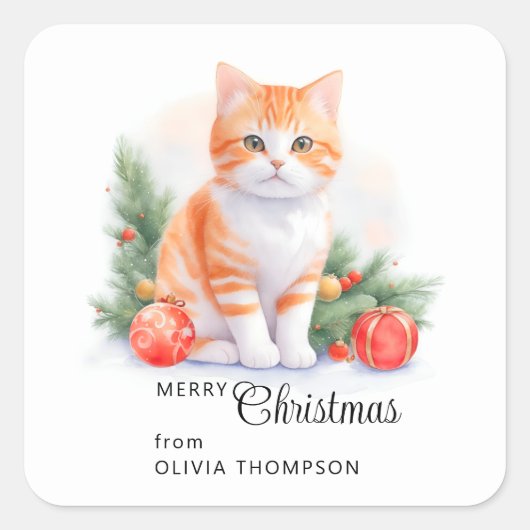 Schattige Oranje Tabby Kat Vrolijk kerstfeest Vierkante Sticker (Voorkant)