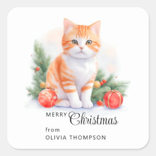 Schattige Oranje Tabby Kat Vrolijk kerstfeest Vierkante Sticker