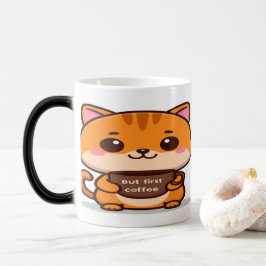 Schattige oranje tabby maar eerst koffie magische mok