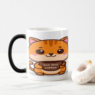 Schattige oranje tabby maar eerst koffie magische mok