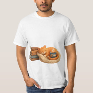 Schattige oranje tabbykat die slaapt bij boeken en t-shirt