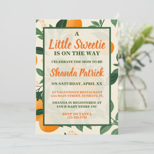 Schattige Oranje thema Baby shower Uitnodiging (Staand voorkant)