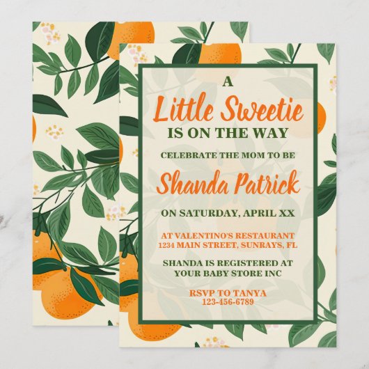 Schattige Oranje thema Baby shower Uitnodiging (Voorkant / Achterkant)