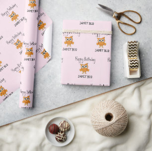 Schattige oranje uil gefeliciteerd met verjaardag cadeaupapier