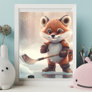 Schattige oranje vos speelt ijshockey Kunst Nurser Poster