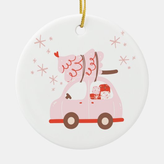Schattige ornament met een auto, kerstboom en cade (Voorkant)