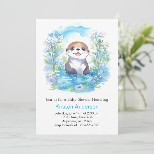 Schattige Otter Blue Floral Boy Baby shower Kaart (Staand voorkant)