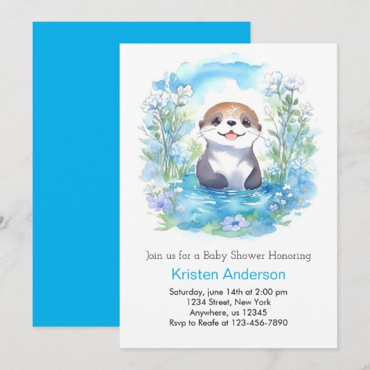 Schattige Otter Blue Floral Boy Baby shower Kaart (Voorkant / Achterkant)