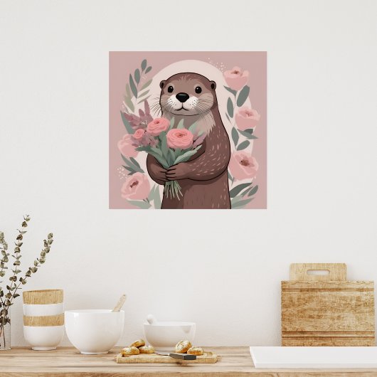 Schattige Otter Boho Flowers Poster (Keuken)