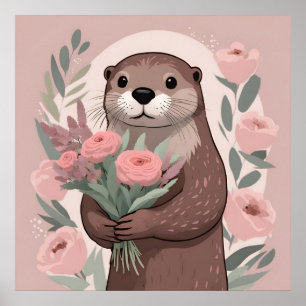 Schattige Otter Boho Flowers Poster