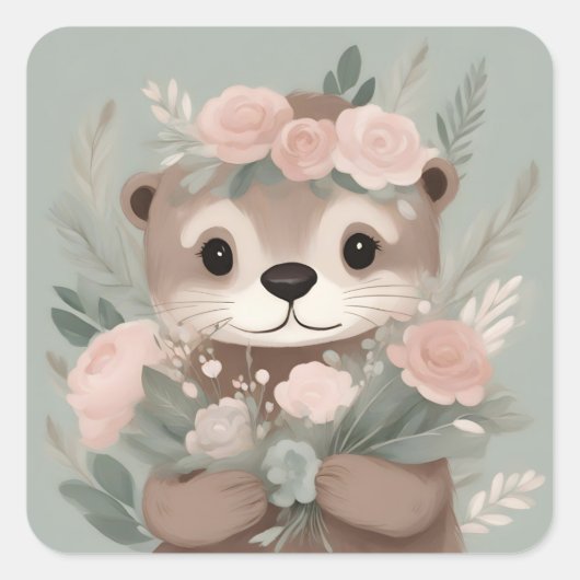 Schattige Otter Boho Waterverf Vierkante Sticker (Voorkant)