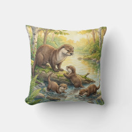 Schattige Otter En Baby's Rivier- en Meer Dieren Kussen