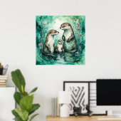 Schattige Otter familie met Baby Otter Poster (Thuiskantoor)
