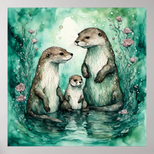 Schattige Otter familie met Baby Otter Poster