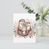 Schattige Otter Familie Sage en Stoffig Roos Boho Briefkaart (Staand voorkant)