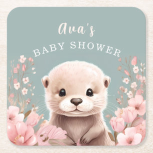 Schattige Otter Girl Baby shower Sage & Roze Bloem Kartonnen Onderzetters