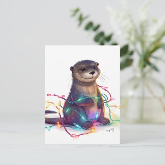 Schattige Otter kerstverlichting AI Briefkaart (Staand voorkant)