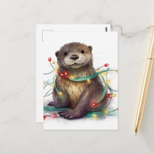 Schattige Otter Kerstverlichting AI Kunst Briefkaart (Voorkant / Achterkant in situ)
