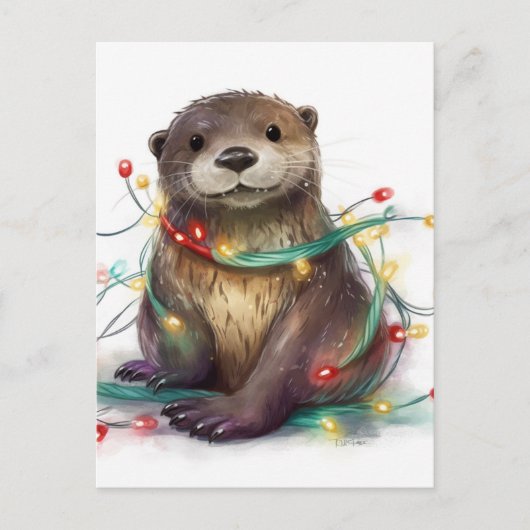 Schattige Otter Kerstverlichting AI Kunst Briefkaart (Voorkant)