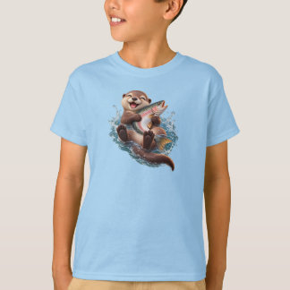 Schattige Otter Knuffelt met een Reusachtige Vis – T-shirt