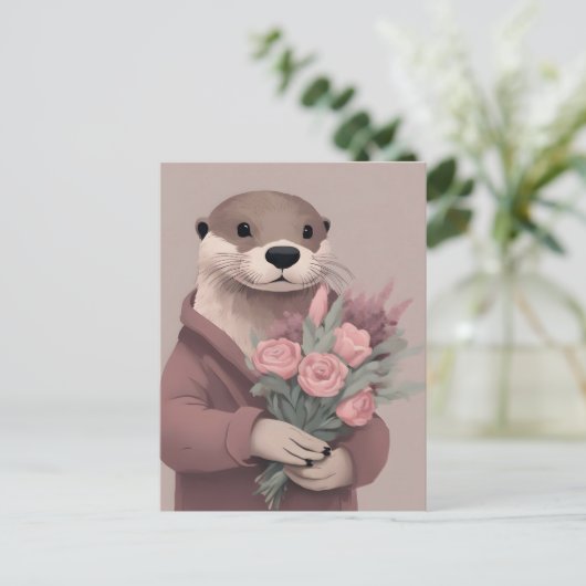 Schattige otter met bloemen briefkaart (Staand voorkant)