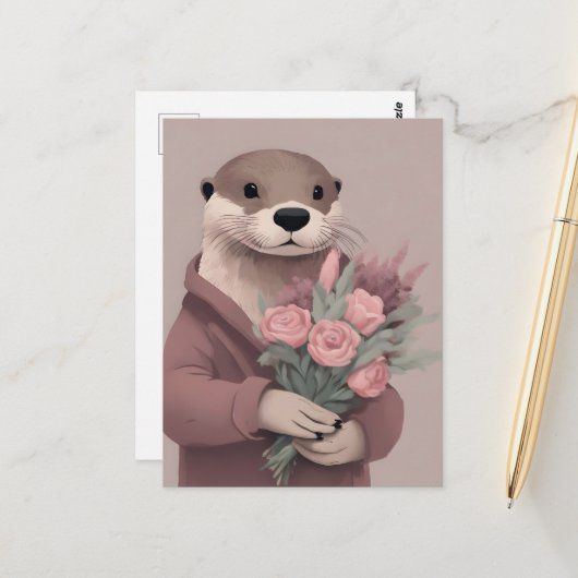 Schattige otter met bloemen briefkaart (Voorkant / Achterkant in situ)