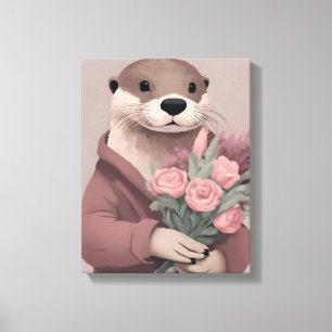 Schattige otter met bloemen canvas afdruk