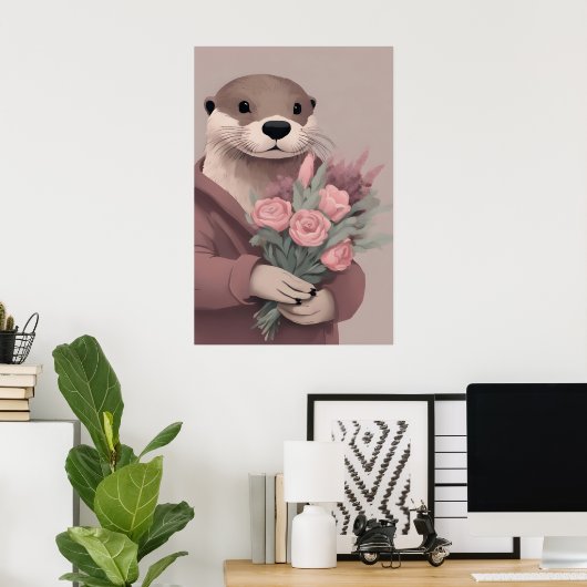 Schattige otter met bloemen poster (Thuiskantoor)