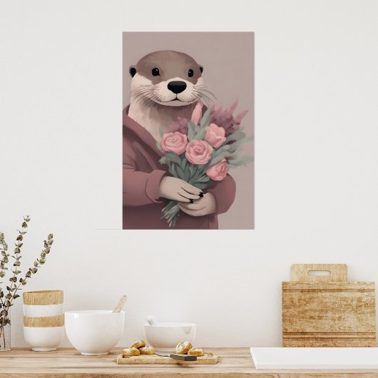 Schattige otter met bloemen poster (Keuken)
