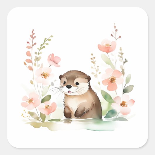 Schattige otter met bloemen vierkante sticker (Voorkant)