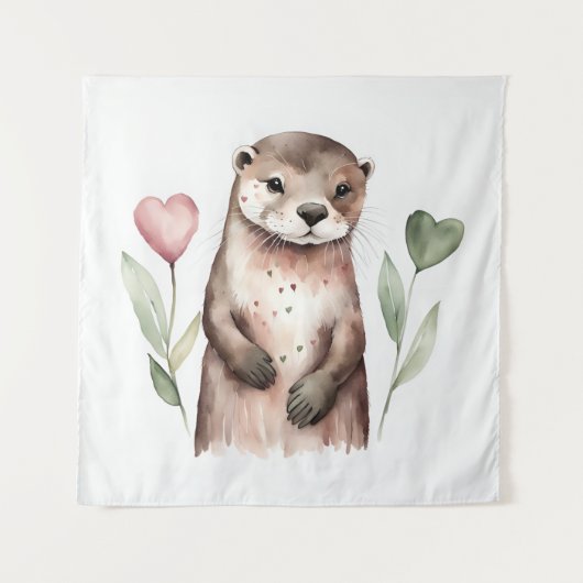 Schattige otter met hart Planten Wandkleed (Voorkant)