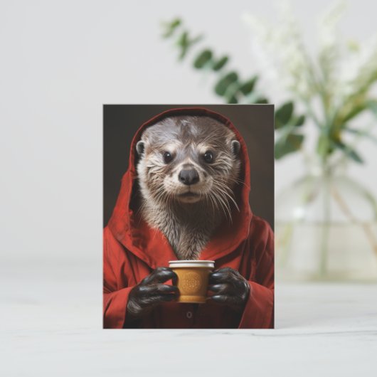 Schattige otter met koffie briefkaart (Staand voorkant)