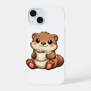 Schattige Otter met Koffie – Knus Kawaii Dier iPhone 15 Case