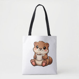 Schattige Otter met Koffie – Knus Kawaii Dier Tote Bag