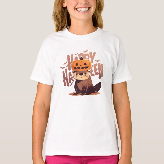 Schattige otter met pompoen Pet - Happy Halloween T-shirt (Voorkant)